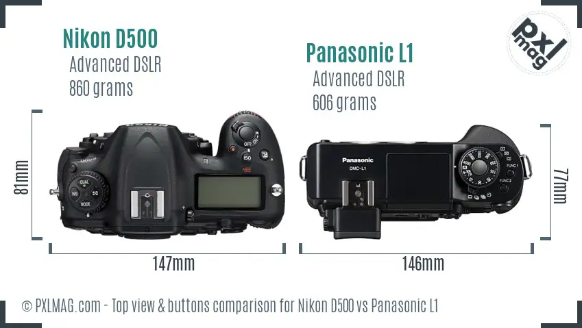 Nikon D500 vs Panasonic L1 top view buttons comparison