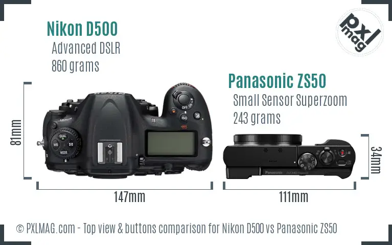 Nikon D500 vs Panasonic ZS50 top view buttons comparison
