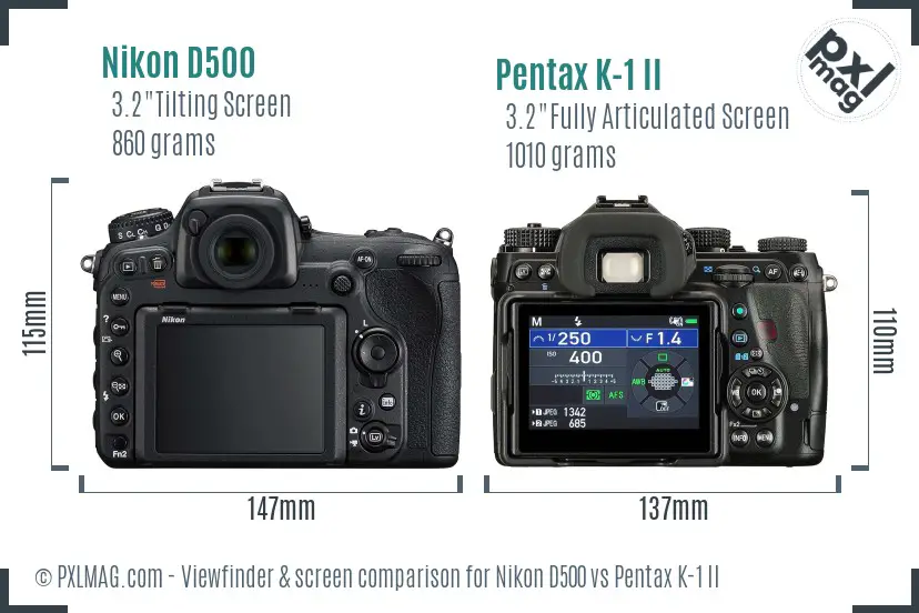 Nikon D500 vs Pentax K-1 II Screen and Viewfinder comparison