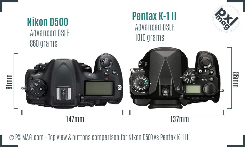 Nikon D500 vs Pentax K-1 II top view buttons comparison