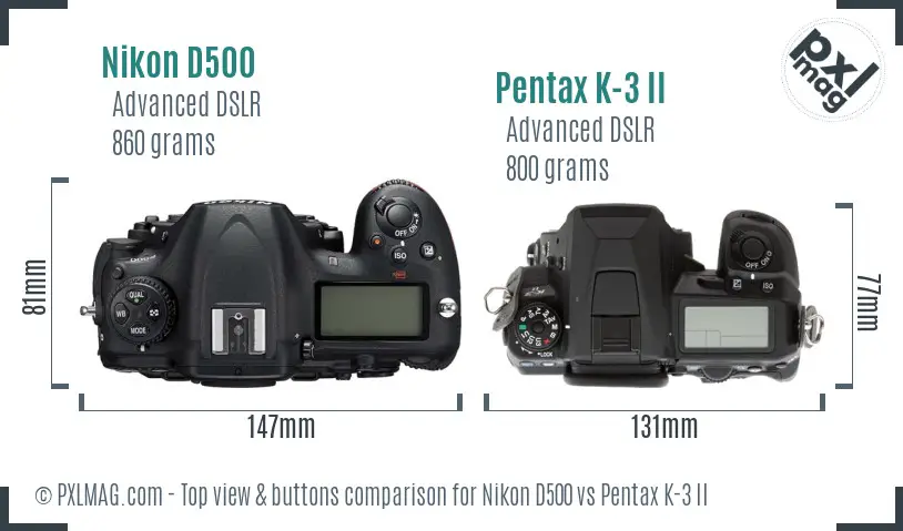 Nikon D500 vs Pentax K-3 II top view buttons comparison