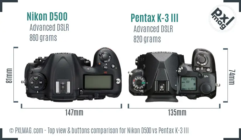 Nikon D500 vs Pentax K-3 III top view buttons comparison