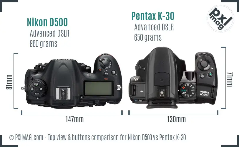Nikon D500 vs Pentax K-30 top view buttons comparison