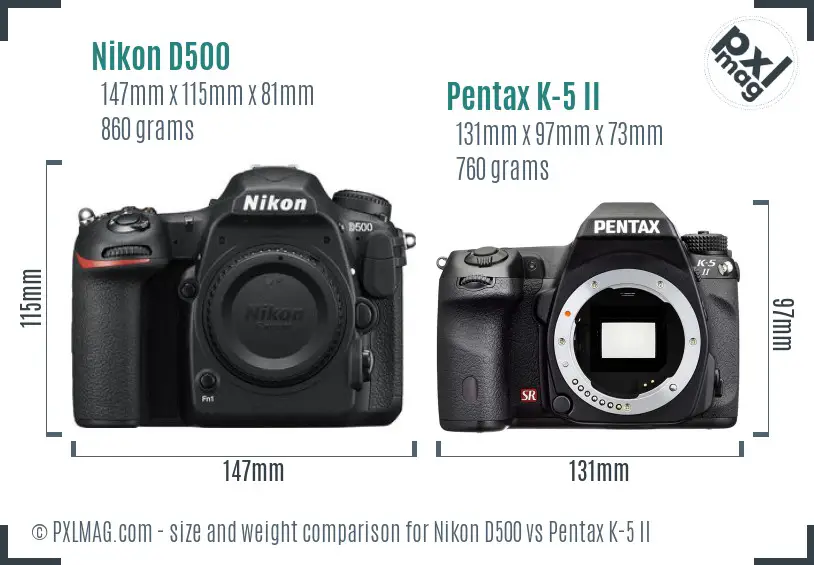 Nikon D500 vs Pentax K-5 II size comparison