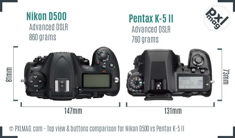 Nikon D500 vs Pentax K-5 II top view buttons comparison