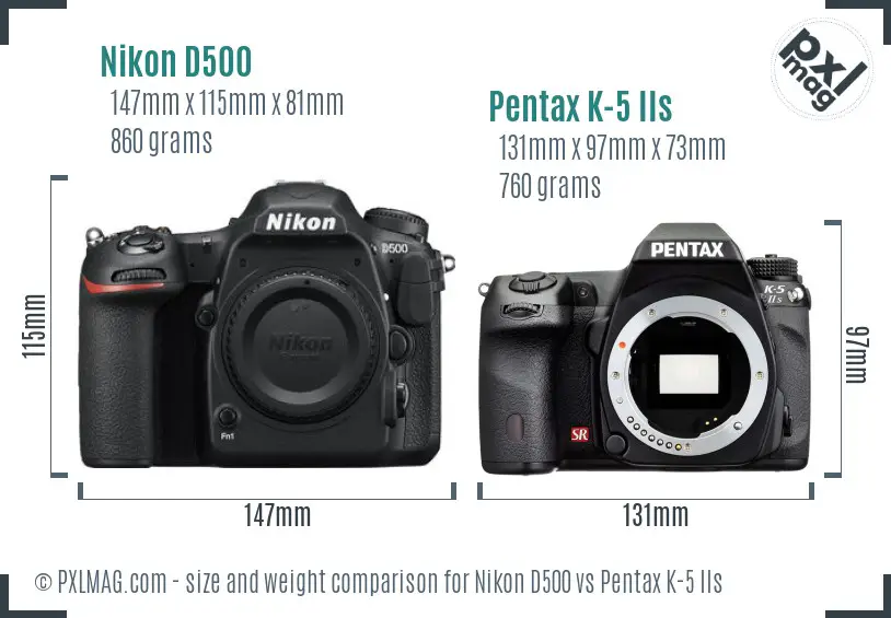 Nikon D500 vs Pentax K-5 IIs size comparison