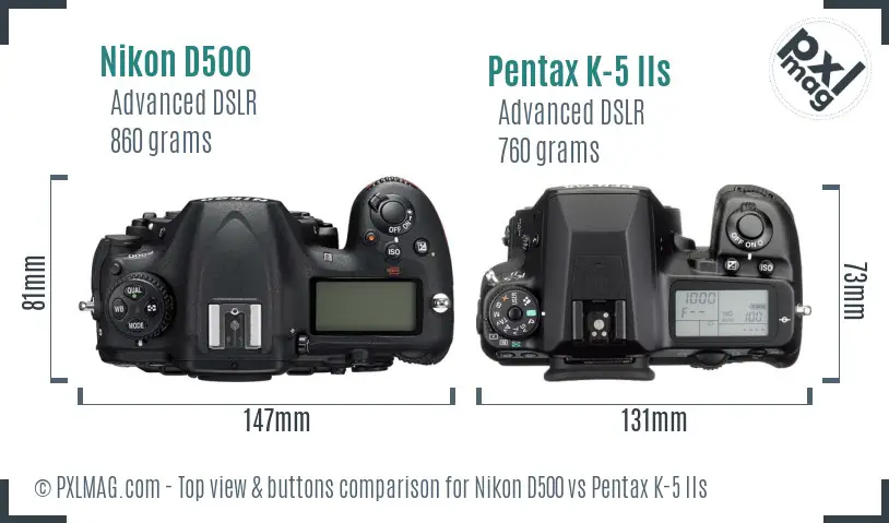 Nikon D500 vs Pentax K-5 IIs top view buttons comparison