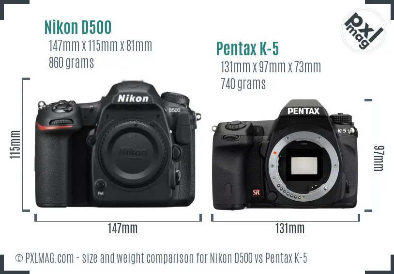 Nikon D500 vs Pentax K-5 size comparison