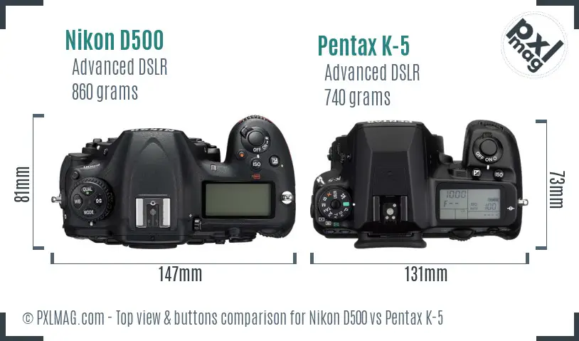 Nikon D500 vs Pentax K-5 top view buttons comparison