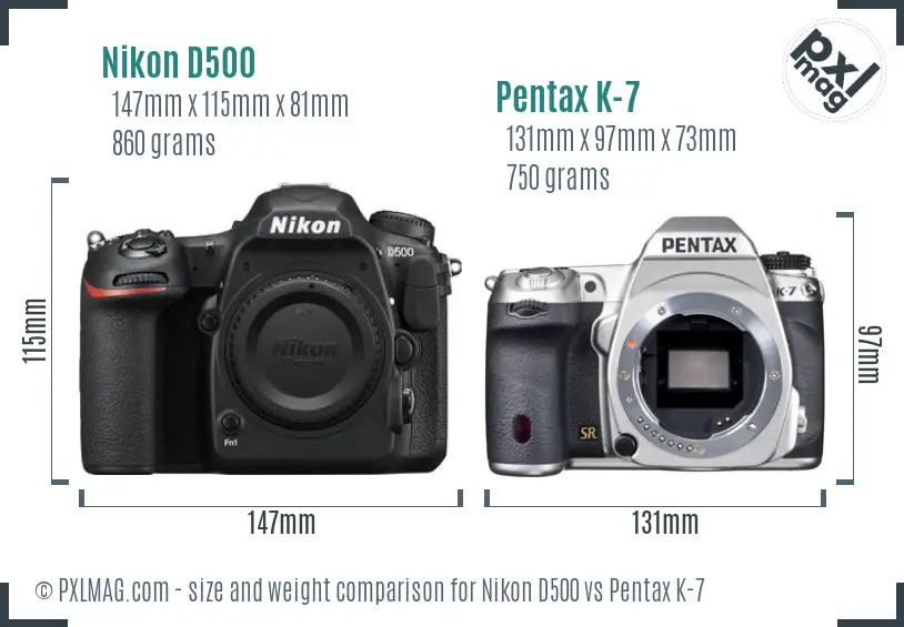 Nikon D500 vs Pentax K-7 size comparison
