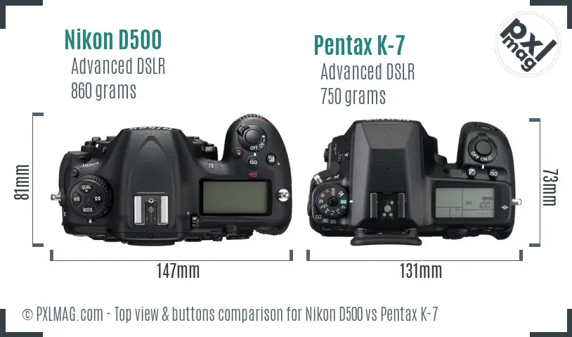 Nikon D500 vs Pentax K-7 top view buttons comparison