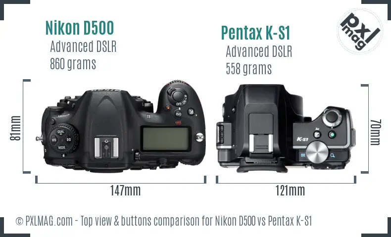 Nikon D500 vs Pentax K-S1 top view buttons comparison