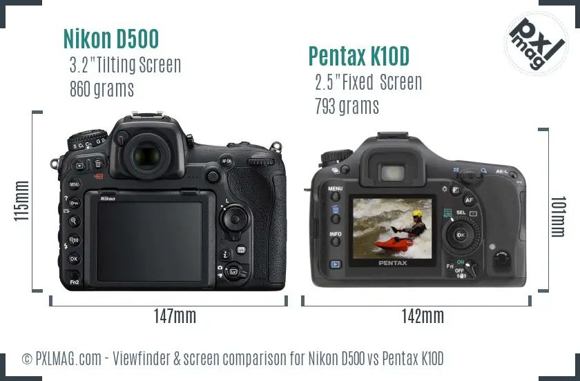 Nikon D500 vs Pentax K10D Screen and Viewfinder comparison