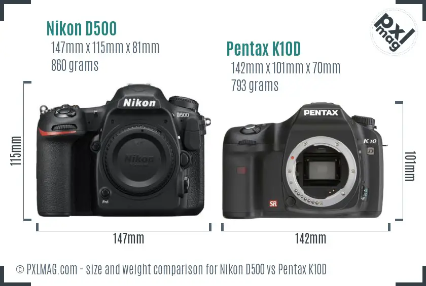 Nikon D500 vs Pentax K10D size comparison
