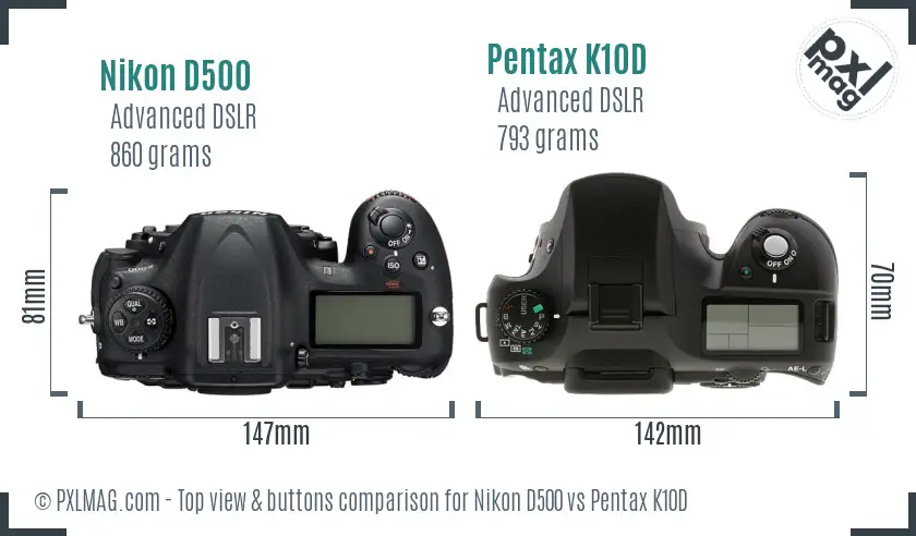 Nikon D500 vs Pentax K10D top view buttons comparison