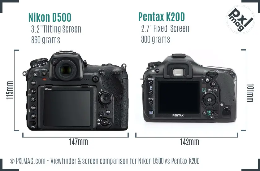 Nikon D500 vs Pentax K20D Screen and Viewfinder comparison