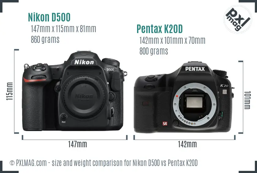 Nikon D500 vs Pentax K20D size comparison