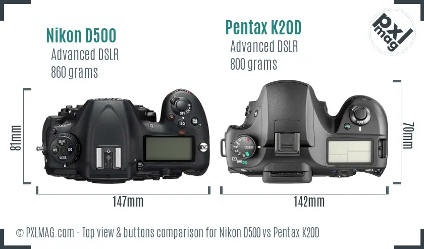 Nikon D500 vs Pentax K20D top view buttons comparison