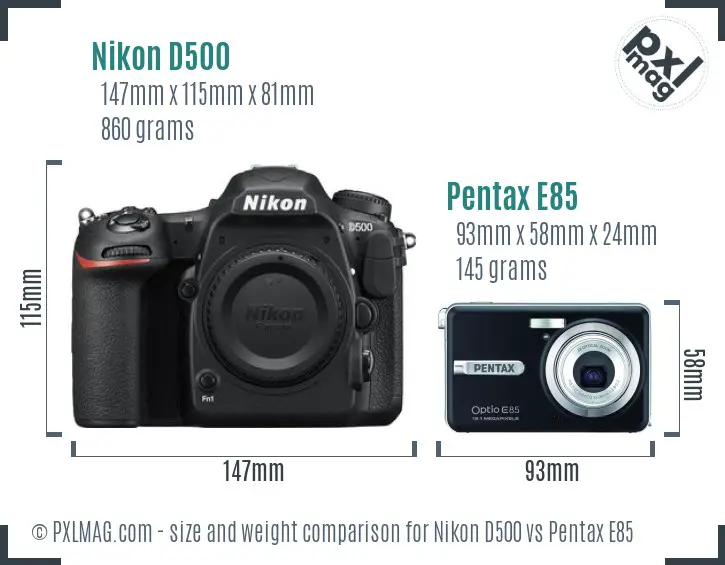 Nikon D500 vs Pentax E85 size comparison