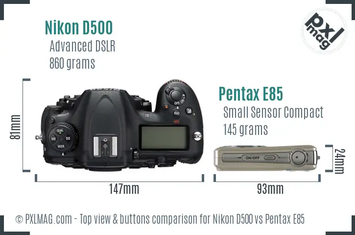 Nikon D500 vs Pentax E85 top view buttons comparison