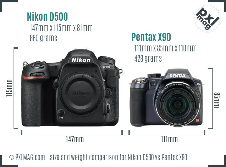 Nikon D500 vs Pentax X90 size comparison