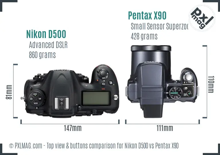 Nikon D500 vs Pentax X90 top view buttons comparison