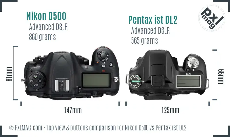 Nikon D500 vs Pentax ist DL2 top view buttons comparison