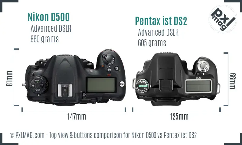 Nikon D500 vs Pentax ist DS2 top view buttons comparison