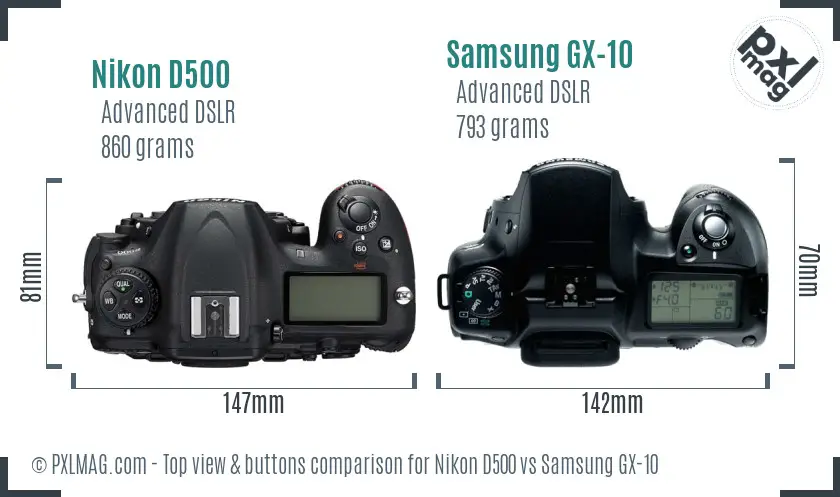Nikon D500 vs Samsung GX-10 top view buttons comparison