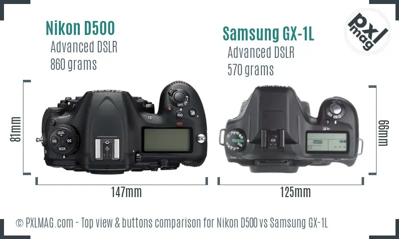 Nikon D500 vs Samsung GX-1L top view buttons comparison