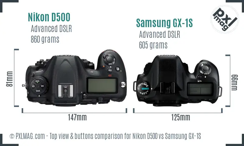 Nikon D500 vs Samsung GX-1S top view buttons comparison