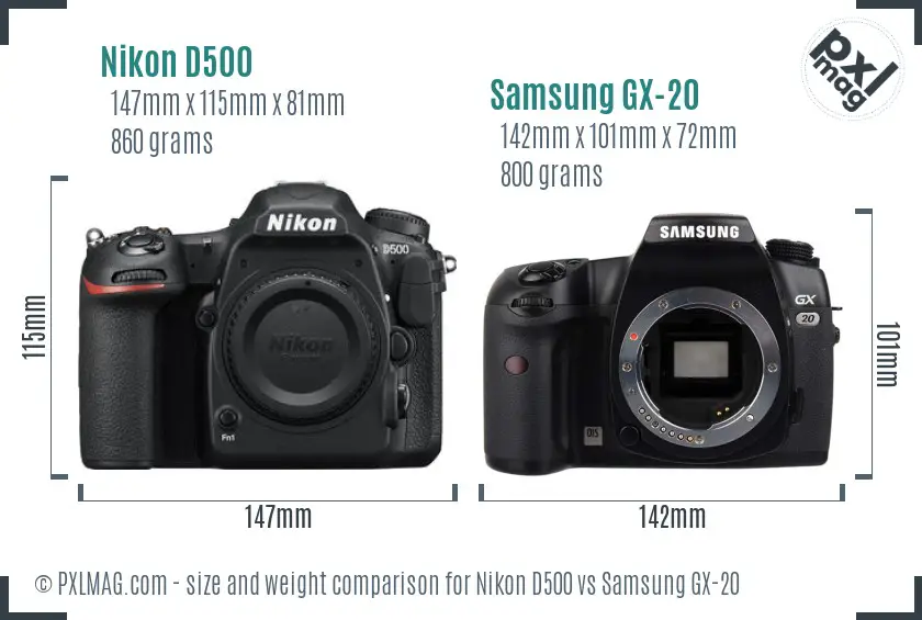 Nikon D500 vs Samsung GX-20 size comparison