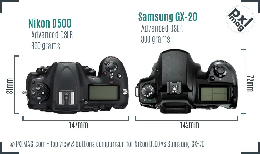 Nikon D500 vs Samsung GX-20 top view buttons comparison