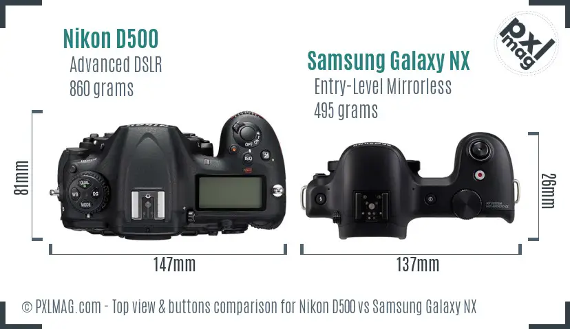 Nikon D500 vs Samsung Galaxy NX top view buttons comparison Nikon D500 vs Samsung Galaxy NX top view buttons comparison