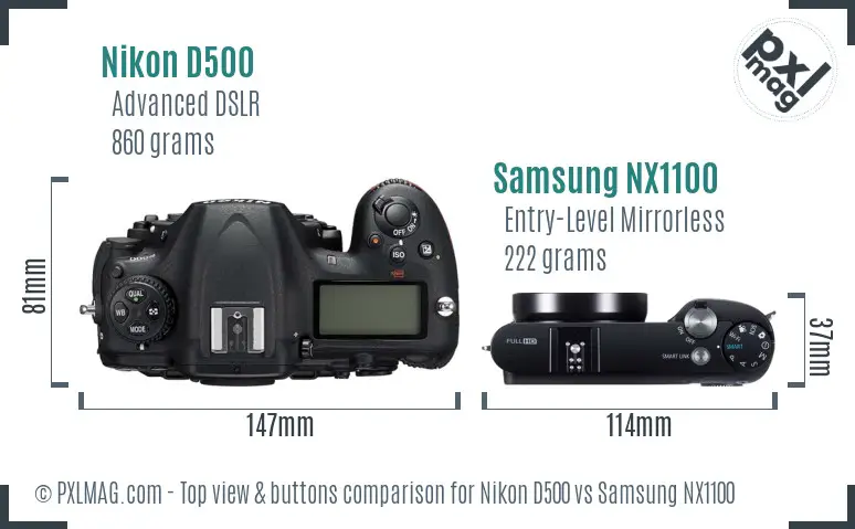 Nikon D500 vs Samsung NX1100 top view buttons comparison Nikon D500 vs Samsung NX1100 top view buttons comparison