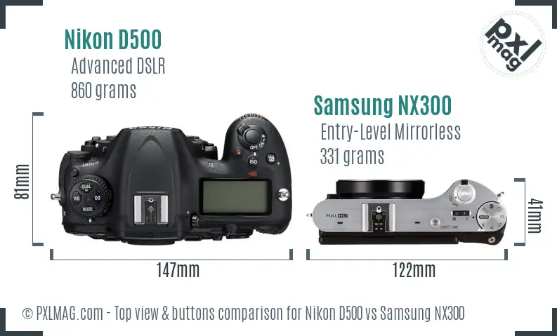 Nikon D500 vs Samsung NX300 top view buttons comparison