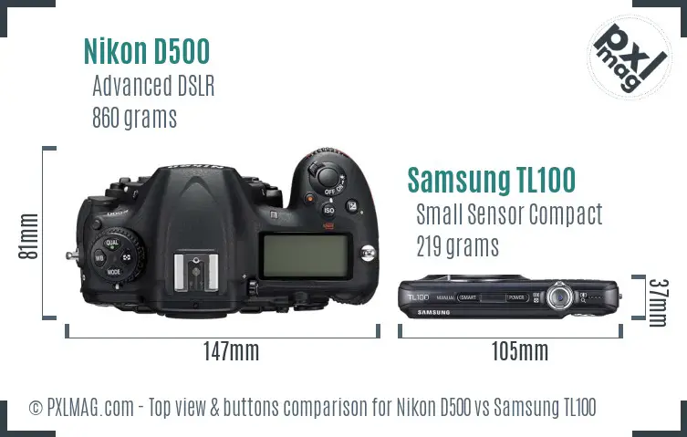 Nikon D500 vs Samsung TL100 top view buttons comparison
