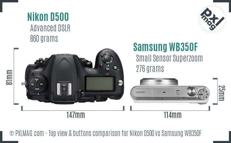 Nikon D500 vs Samsung WB350F top view buttons comparison