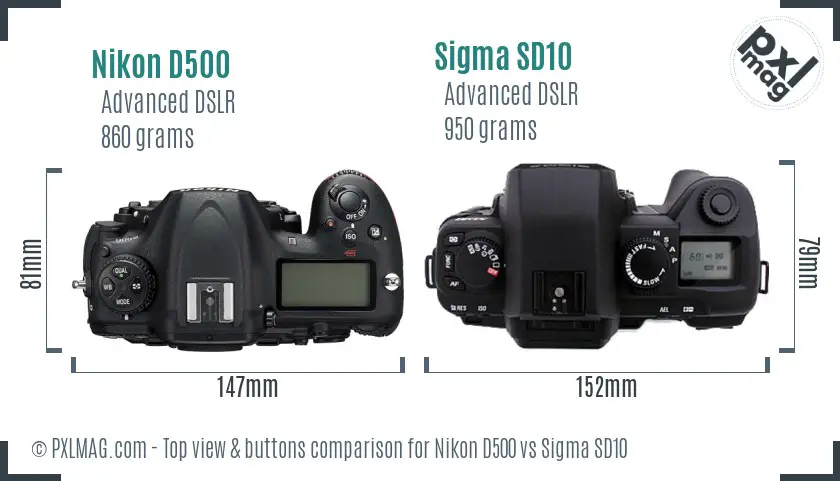Nikon D500 vs Sigma SD10 top view buttons comparison