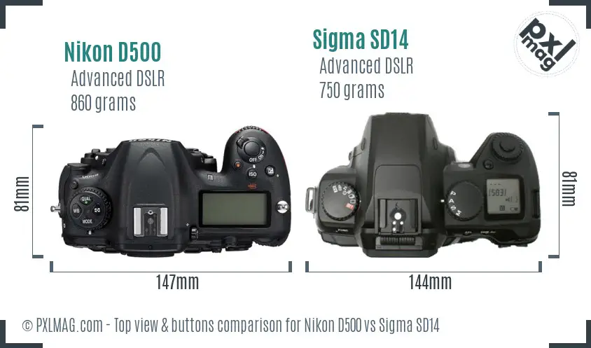 Nikon D500 vs Sigma SD14 top view buttons comparison