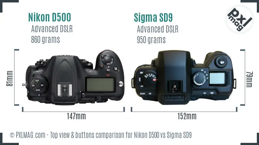 Nikon D500 vs Sigma SD9 top view buttons comparison