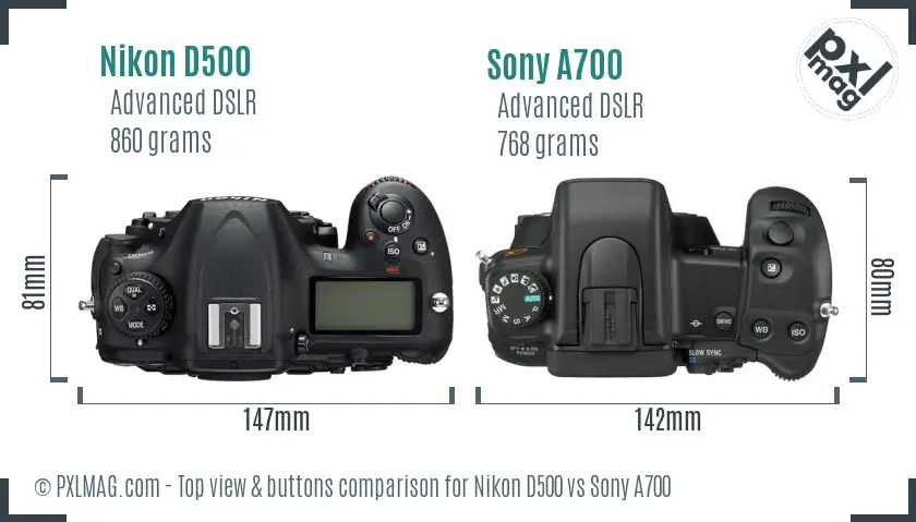 Nikon D500 vs Sony A700 top view buttons comparison