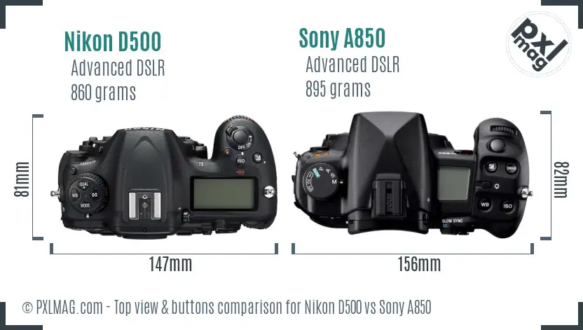 Nikon D500 vs Sony A850 top view buttons comparison