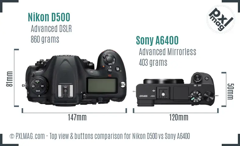 Nikon D500 vs Sony A6400 top view buttons comparison Nikon D500 vs Sony A6400 top view buttons comparison