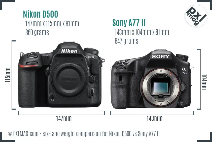 Nikon D500 vs Sony A77 II size comparison