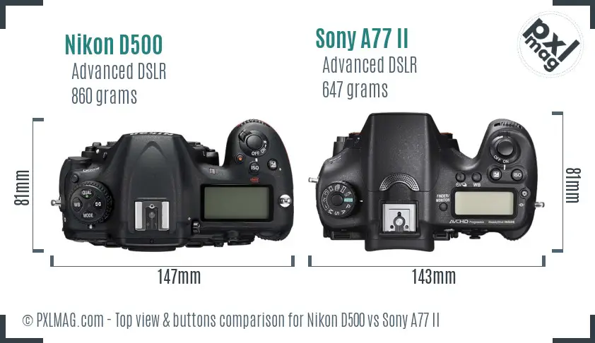 Nikon D500 vs Sony A77 II top view buttons comparison