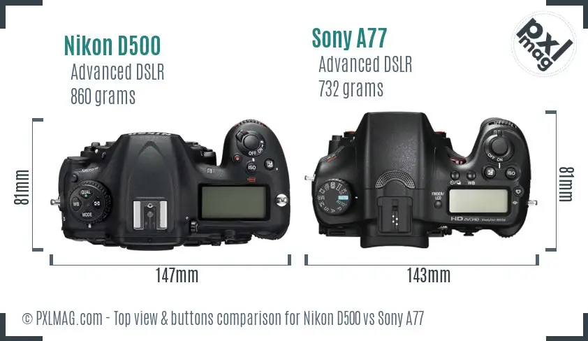 Nikon D500 vs Sony A77 top view buttons comparison