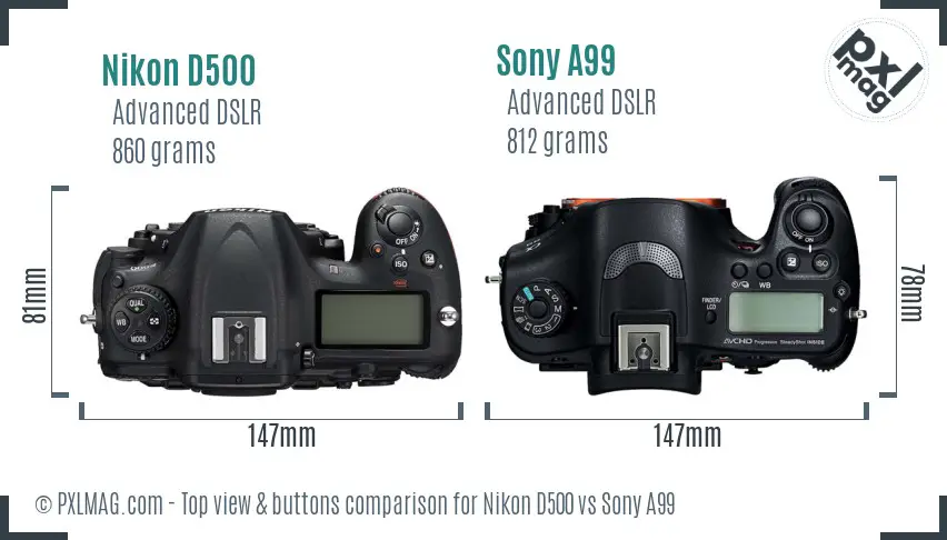 Nikon D500 vs Sony A99 top view buttons comparison