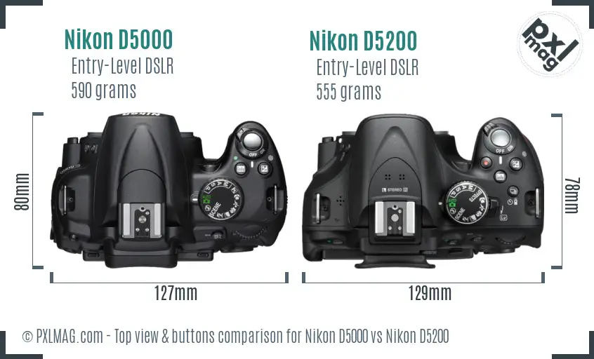 Nikon D5000 vs Nikon D5200 top view buttons comparison