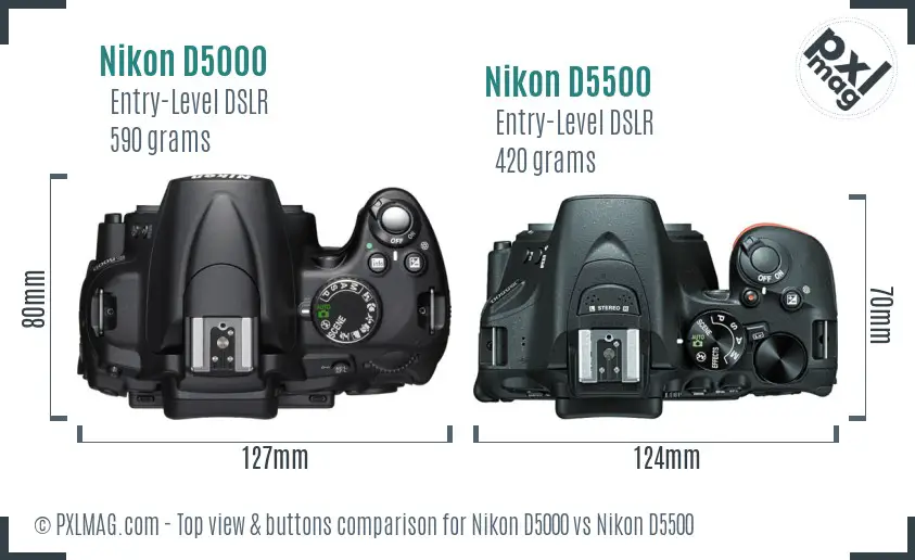 Nikon D5000 vs Nikon D5500 top view buttons comparison